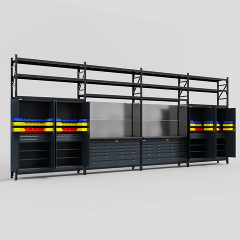 M2222 Modular Work Bench with Shelves - H3100mm x W7500mm | Laminate WBT | Dark Grey