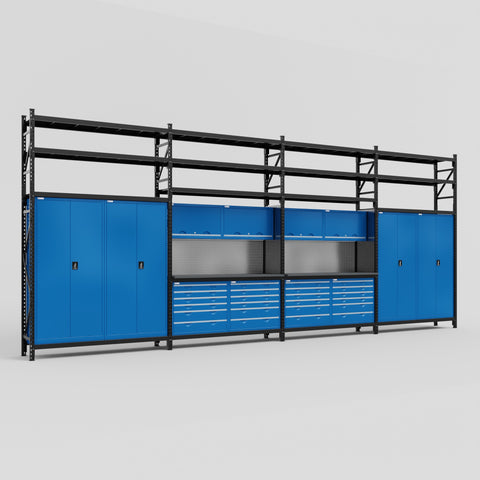 M2222 Modular Work Bench with Shelves - H3100mm x W7500mm | Laminate WBT | Blue
