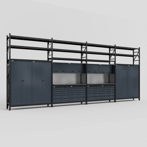 M2222 Modular Work Bench with Shelves - H3100mm x W7500mm | Laminate WBT | Dark Grey