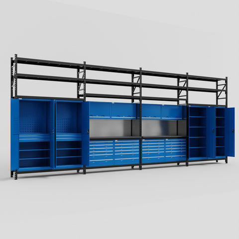 M2222 Modular Work Bench with Shelves - H3100mm x W7500mm | Laminate WBT | Blue