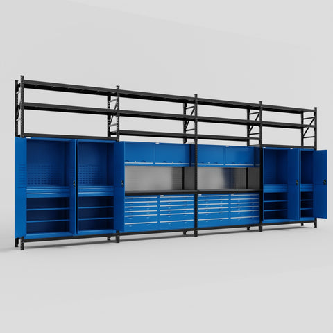 M2222 Modular Work Bench with Shelves - H3100mm x W7500mm | Laminate WBT | Blue