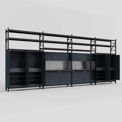 M2222 Modular Work Bench with Shelves - H3100mm x W7500mm | Laminate WBT | Dark Grey