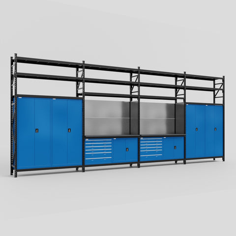 M2222-3S Modular Work Bench with Shelves - H3100mm x W7500mm | Laminate WBT | Blue