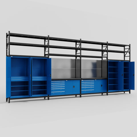 M2222-3S Modular Work Bench with Shelves - H3100mm x W7500mm | Laminate WBT | Blue