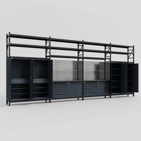 M2222-3S Modular Work Bench with Shelves - H3100mm x W7500mm | Laminate WBT | Dark Grey