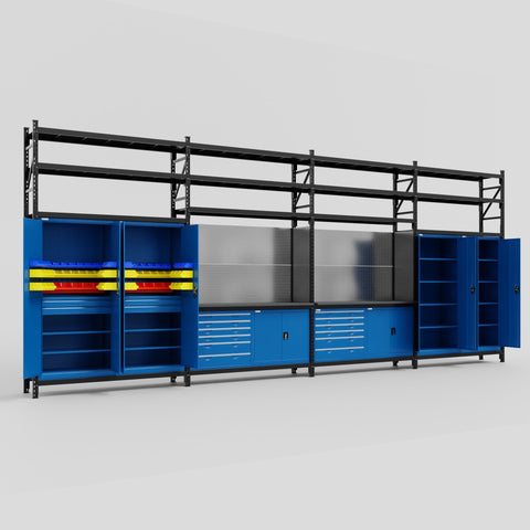 M2222-3S Modular Work Bench with Shelves - H3100mm x W7500mm | Laminate WBT | Blue