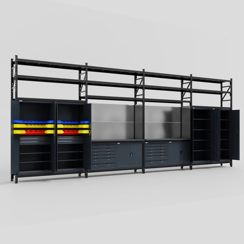 M2222-3S Modular Work Bench with Shelves - H3100mm x W7500mm | Laminate WBT | Dark Grey