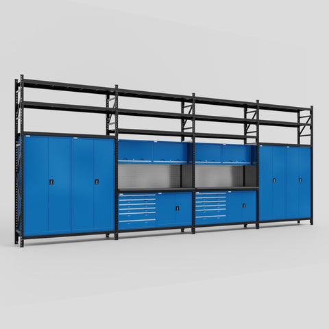 M2222-3S Modular Work Bench with Shelves - H3100mm x W7500mm | Laminate WBT | Blue