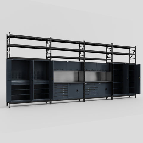 M2222-3S Modular Work Bench with Shelves - H3100mm x W7500mm | Laminate WBT | Dark Grey