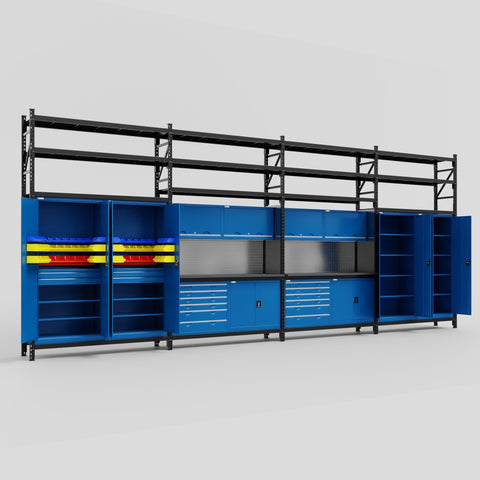 M2222-3S Modular Work Bench with Shelves - H3100mm x W7500mm | Laminate WBT | Blue
