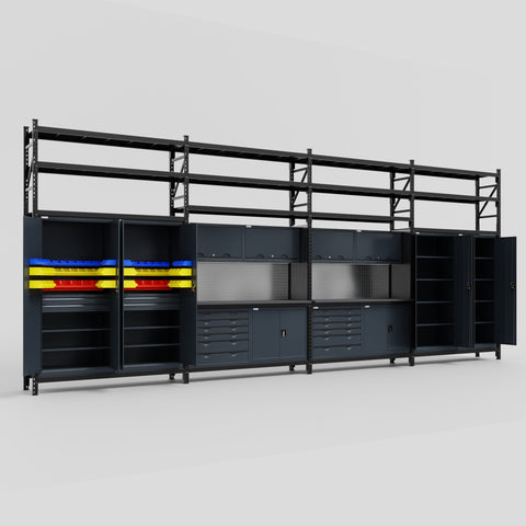 M2222-3S Modular Work Bench with Shelves - H3100mm x W7500mm | Laminate WBT | Dark Grey