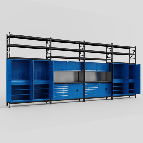 M2222-3S Modular Work Bench with Shelves - H3100mm x W7500mm | Laminate WBT | Blue