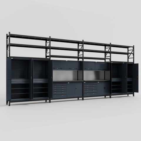 M2222-3S Modular Work Bench with Shelves - H3100mm x W7500mm | Laminate WBT | Dark Grey
