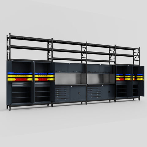 M2222-3S Modular Work Bench with Overheads & Shelves - H3100mm x W7500mm | Laminate WBT | Dark Grey