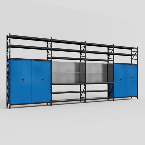 M2222 Modular Work Bench with Shelves - H3100mm x W7500mm | Laminate WBT | Blue