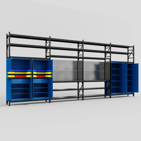 M2222 Modular Work Bench with Shelves - H3100mm x W7500mm | Laminate WBT | Blue