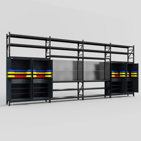 M2222 Modular Work Bench with Shelves - H3100mm x W7500mm | Laminate WBT | Dark Grey