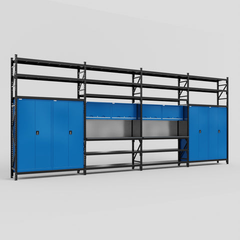 M2222 Modular Work Bench with Shelves - H3100mm x W7500mm | Laminate WBT | Blue