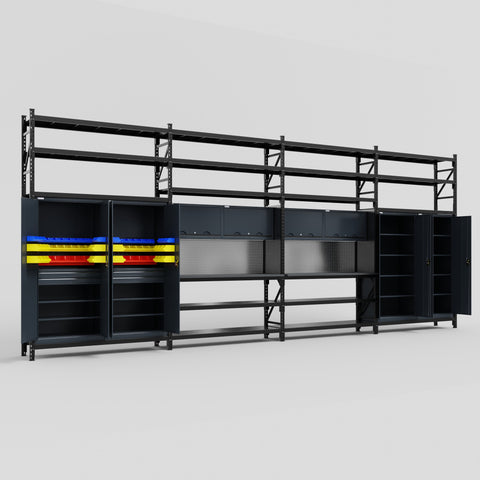 M2222 Modular Work Bench with Shelves - H3100mm x W7500mm | Laminate WBT | Dark Grey