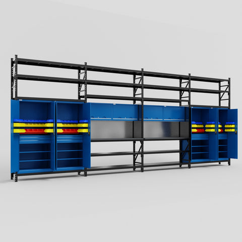 M2222 Modular Work Bench with Shelves - H3100mm x W7500mm | Laminate WBT | Blue