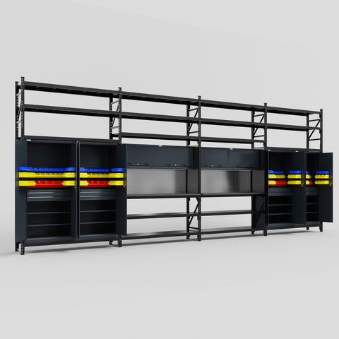 M2222 Modular Work Bench with Shelves - H3100mm x W7500mm | Laminate WBT | Dark Grey