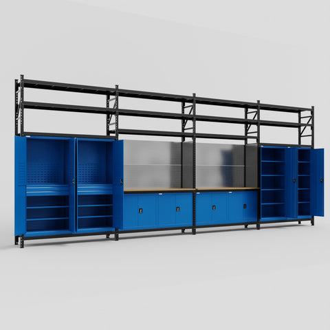 M2222 Modular Work Bench with Shelves - H3100mm x W7500mm | MDF WBT | Blue