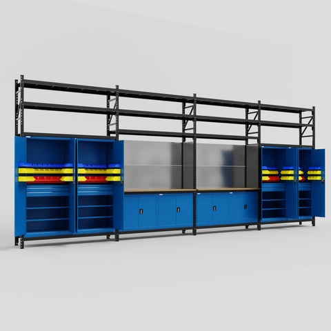 M2222 Modular Work Bench with Shelves - H3100mm x W7500mm | MDF WBT | Blue