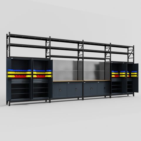 M2222 Modular Work Bench with Shelves - H3100mm x W7500mm | MDF WBT | Dark Grey
