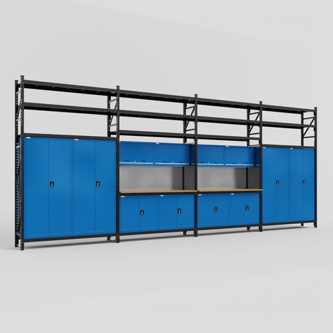M2222 Modular Work Bench with Shelves - H3100mm x W7500mm | MDF WBT | Blue