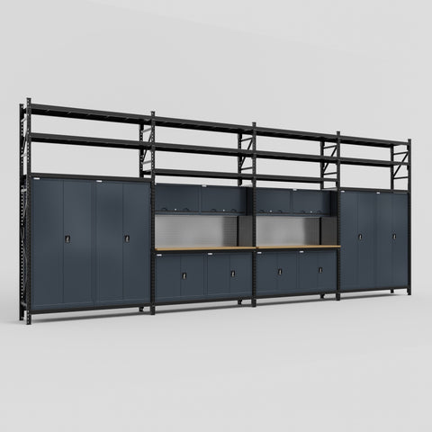 M2222 Modular Work Bench with Shelves - H3100mm x W7500mm | MDF WBT | Dark Grey