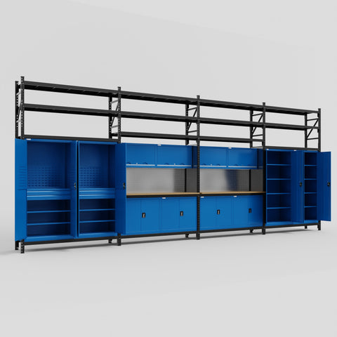 M2222 Modular Work Bench with Shelves - H3100mm x W7500mm | MDF WBT | Blue