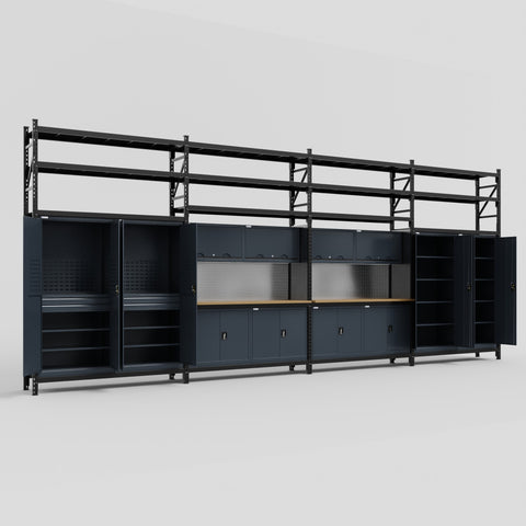 M2222 Modular Work Bench with Shelves - H3100mm x W7500mm | MDF WBT | Dark Grey
