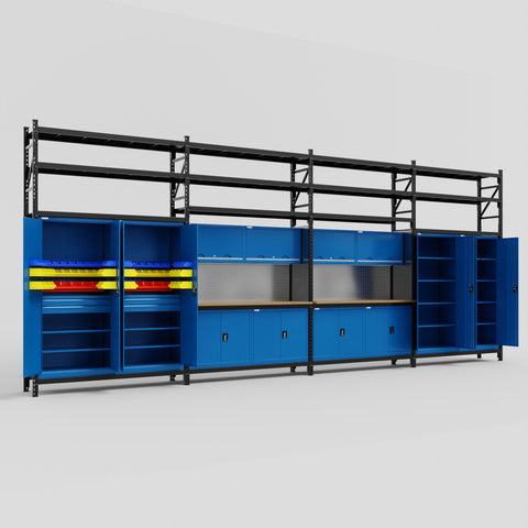 M2222 Modular Work Bench with Shelves - H3100mm x W7500mm | MDF WBT | Blue