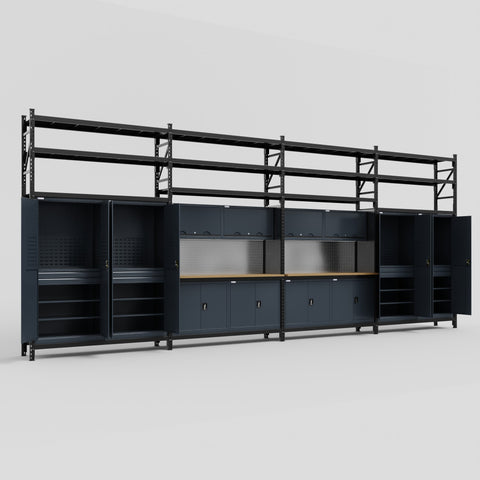 M2222 Modular Work Bench with Shelves - H3100mm x W7500mm | MDF WBT | Dark Grey