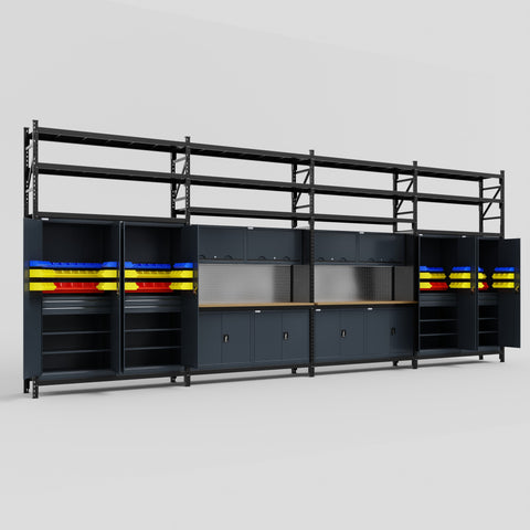 M2222 Modular Work Bench with Shelves - H3100mm x W7500mm | MDF WBT | Dark Grey