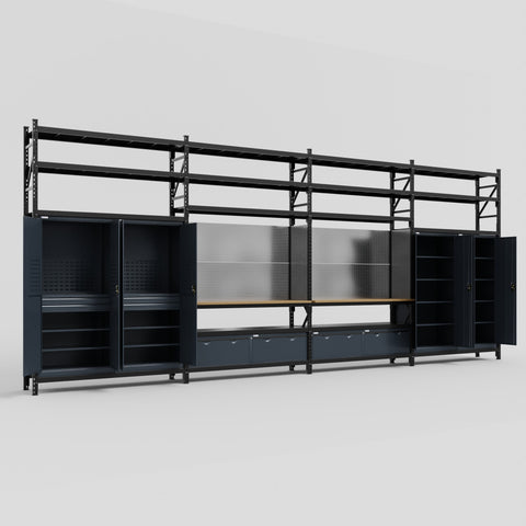 M2222 Modular Work Bench with Shelves - H3100mm x W7500mm | MDF WBT | Dark Grey
