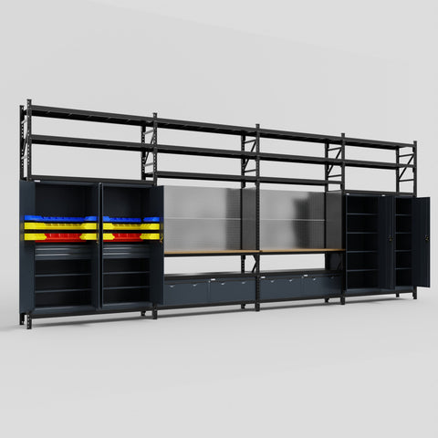 M2222 Modular Work Bench with Shelves - H3100mm x W7500mm | MDF WBT | Dark Grey