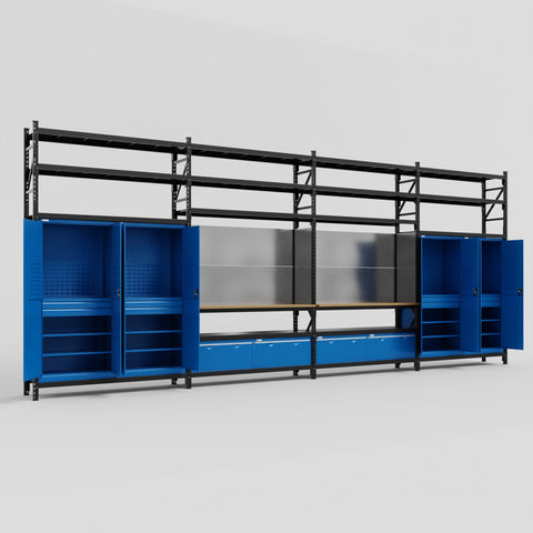 M2222 Modular Work Bench with Shelves - H3100mm x W7500mm | MDF WBT | Blue