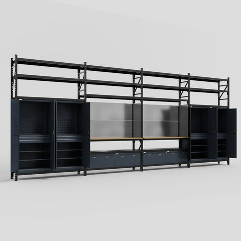 M2222 Modular Work Bench with Shelves - H3100mm x W7500mm | MDF WBT | Dark Grey