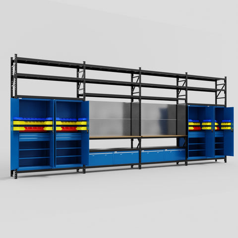 M2222 Modular Work Bench with Shelves - H3100mm x W7500mm | MDF WBT | Blue