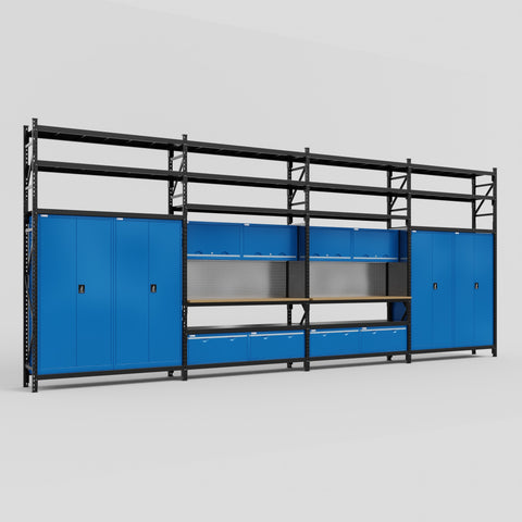 M2222 Modular Work Bench with Shelves - H3100mm x W7500mm | MDF WBT | Blue