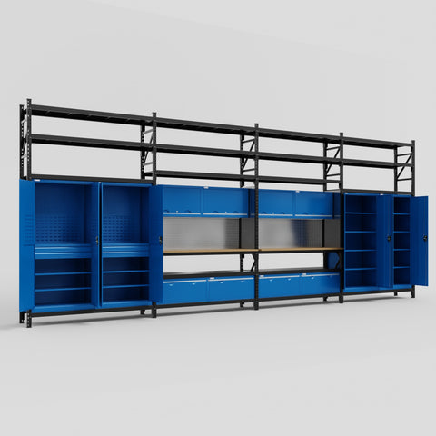 M2222 Modular Work Bench with Shelves - H3100mm x W7500mm | MDF WBT | Blue