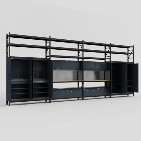 M2222 Modular Work Bench with Shelves - H3100mm x W7500mm | MDF WBT | Dark Grey