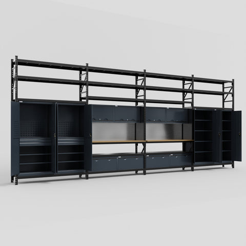 M2222 Modular Work Bench with Shelves - H3100mm x W7500mm | MDF WBT | Dark Grey