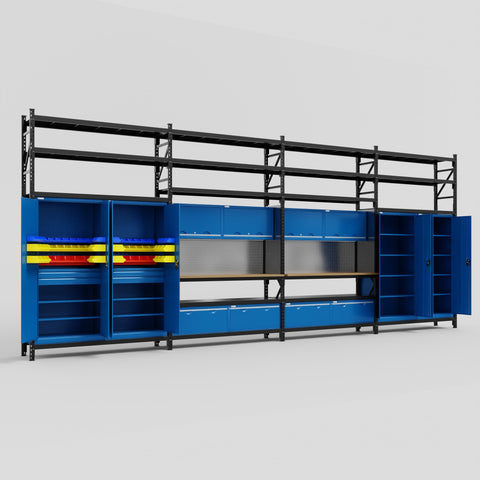 M2222 Modular Work Bench with Shelves - H3100mm x W7500mm | MDF WBT | Blue