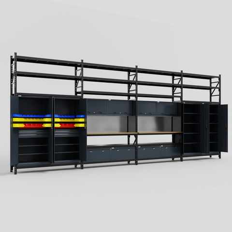 M2222 Modular Work Bench with Shelves - H3100mm x W7500mm | MDF WBT | Dark Grey