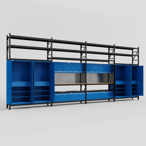 M2222 Modular Work Bench with Shelves - H3100mm x W7500mm | MDF WBT | Blue