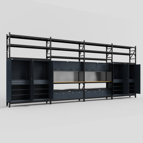 M2222 Modular Work Bench with Shelves - H3100mm x W7500mm | MDF WBT | Dark Grey