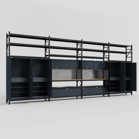 M2222 Modular Work Bench with Shelves - H3100mm x W7500mm | MDF WBT | Dark Grey