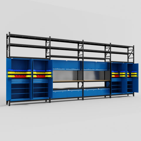 M2222 Modular Work Bench with Shelves - H3100mm x W7500mm | MDF WBT | Blue